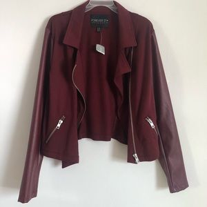 Plus Size Wine Faux Leather Moto Jacket